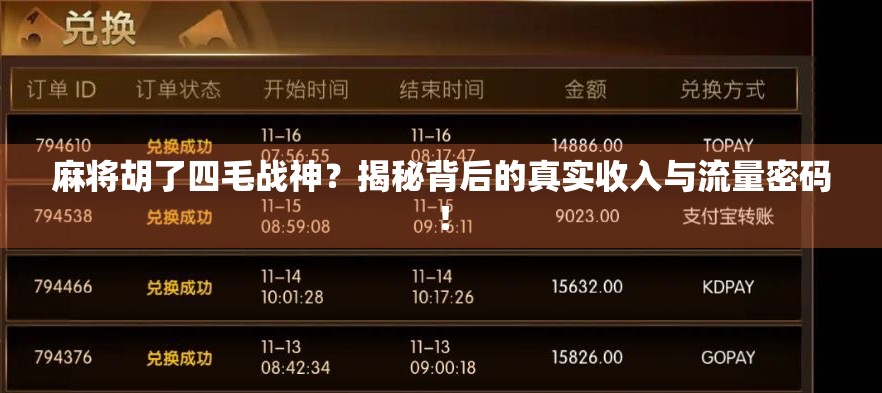 麻将胡了四毛战神？揭秘背后的真实收入与流量密码！