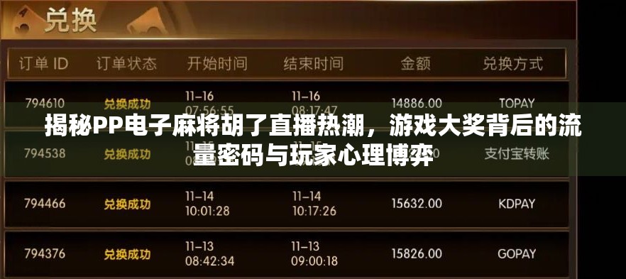 揭秘PP电子麻将胡了直播热潮,游戏大奖背后的流量密码与玩家心理博弈